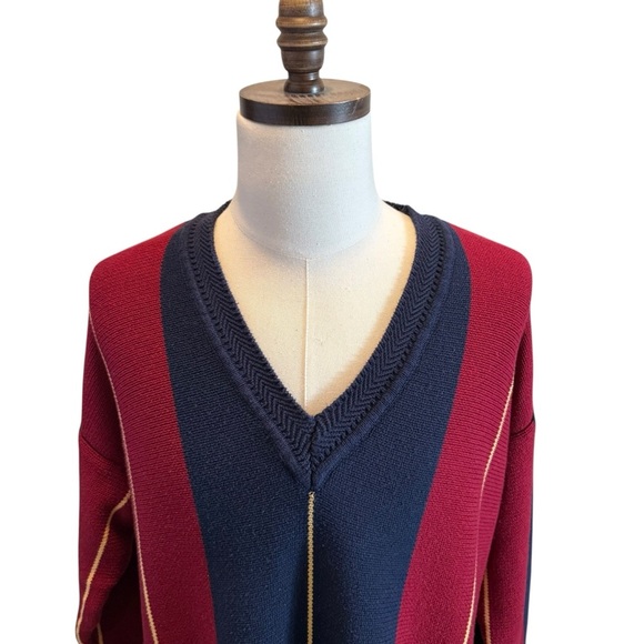 Vintage 90s Color Block Sweater Size XL Striped Navy Red V-neck Preppy Rugby - Picture 2 of 9
